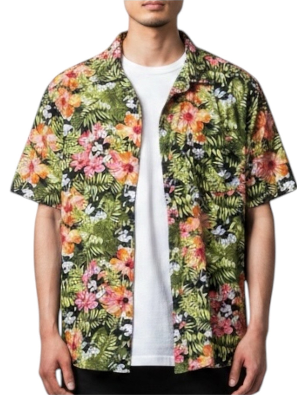 DISNEY Men's Tropical Floral Button-Up Shirt in Green & Pink Size Medium